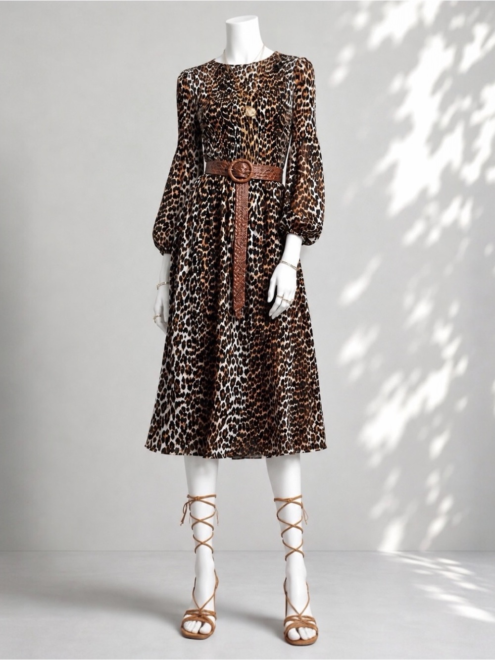 Ganni Leopard Printed Georgette Dress S Brown Black Smocked Long Sleeve